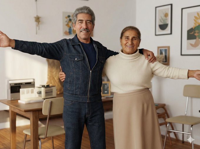 Pareja mayor con los brazos extendidos en una habitación moderna