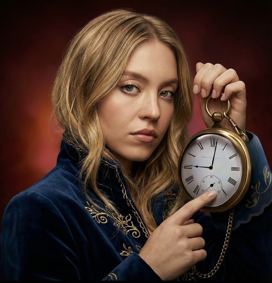Mujer con abrigo azul sosteniendo un reloj de bolsillo grande