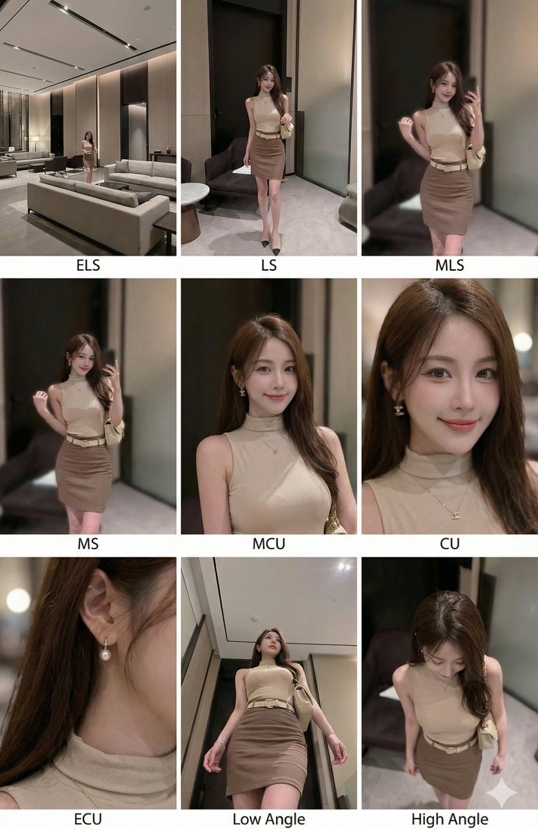Cuadrícula de ángulos de cámara con una mujer de ropa beige