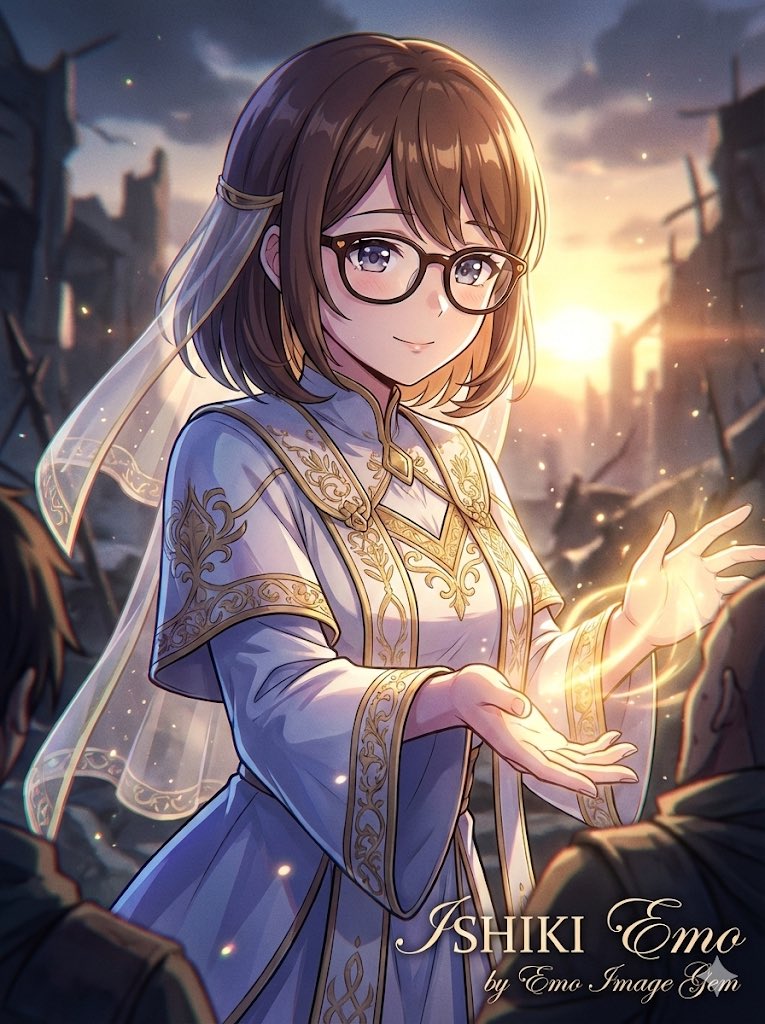 Mujer ilustrada con gafas y túnica blanca y dorada