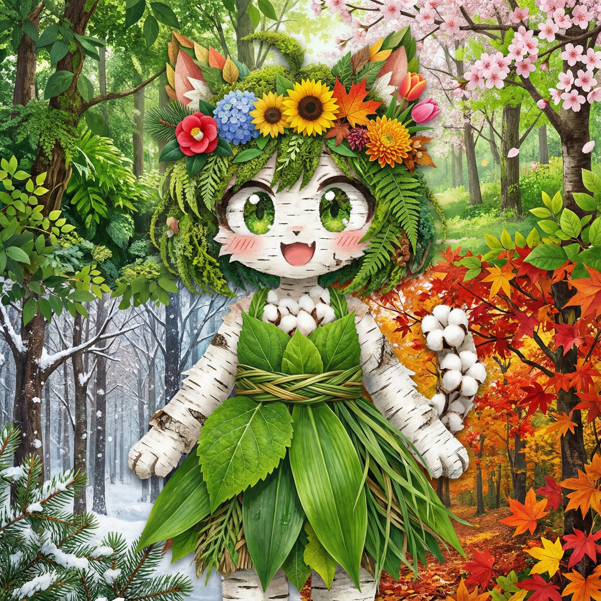 Personaje felino hecho de hojas y flores ante bosques estacionales